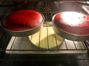 In this photo you can see how perfectly the red velvet cake layers are baking.