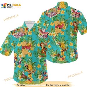 Funny Hawaiian Shirt For Men Bear The Pooh And Friend Yellow Flower On The Green
