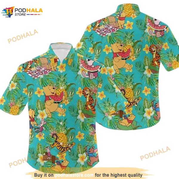 Funny Hawaiian Shirt For Men Bear The Pooh And Friend Yellow Flower On The Green
