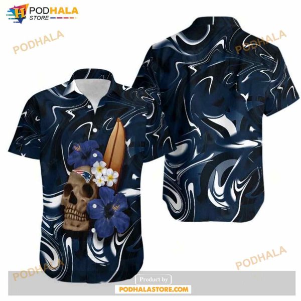 New England Patriots Skull And Hibiscus Flower NFL Gift For Fan Hawaiian Shirt