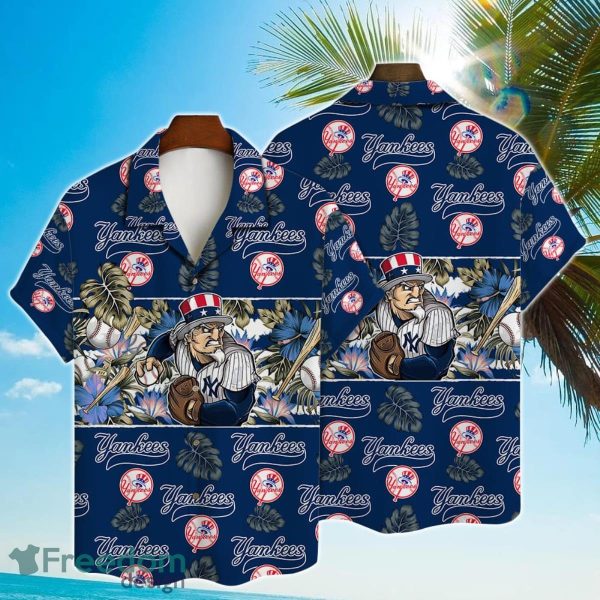 New York Yankees Mascot And Leaves Tropical Pattern Hawaiian Shirt For Fans