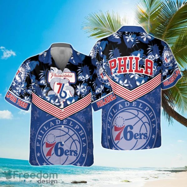 Philadelphia 76ers Blue Hibiscus Flower Black Background Print Hawaiian Shirt