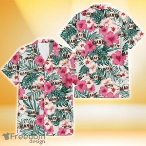 San Francisco Giants Coral Pink Hibiscus Green Leaf Beige Background 3D Hawaiian Shirt Gift For Fans