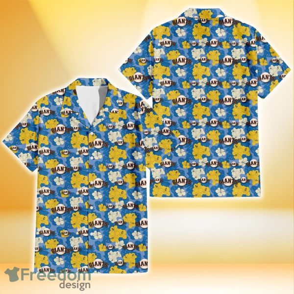 San Francisco Giants Yellow White Hibiscus Powder Blue Background 3D Hawaiian Shirt Gift For Fans