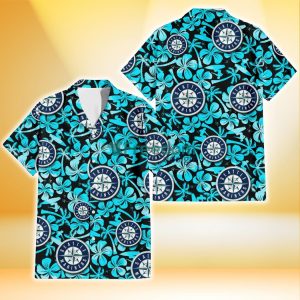 Seattle Mariners Blue Hibiscus Blue Coconut Tree Black Background 3D Hawaiian Shirt Gift For Fans