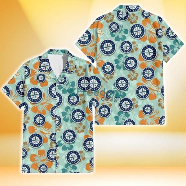 Seattle Mariners Orange Green Hibiscus Pale Green Background 3D Hawaiian Shirt Gift For Fans