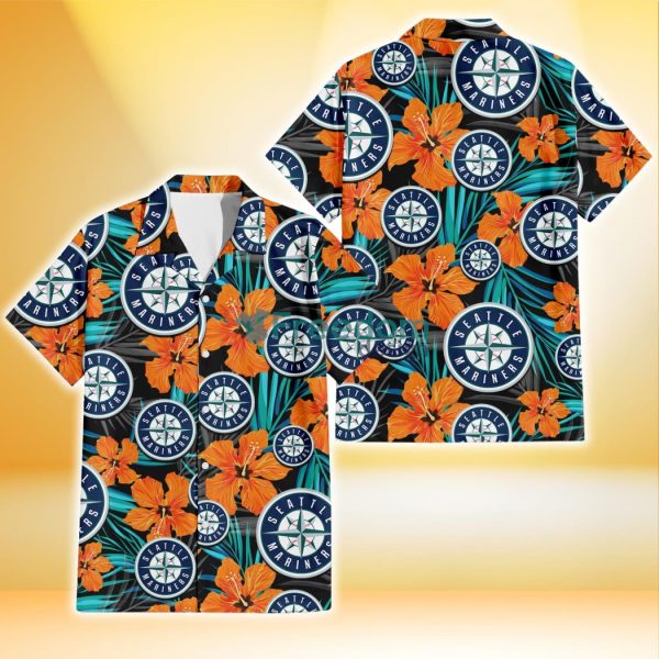 Seattle Mariners Orange Hibiscus Blue Gray Leaf Black Background 3D Hawaiian Shirt Gift For Fans