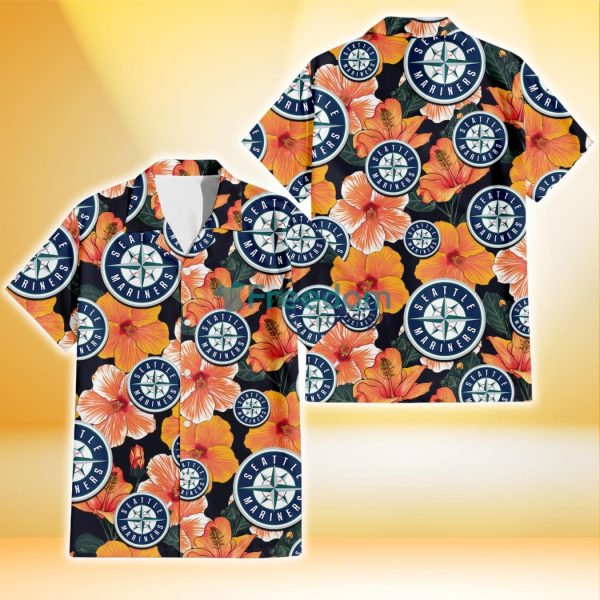 Seattle Mariners Orange Hibiscus Dark Green Leaf Black Background 3D Hawaiian Shirt Gift For Fans