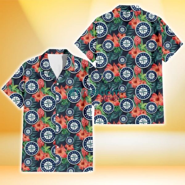 Seattle Mariners Orange Hibiscus Green Tropical Leaf Dark Background 3D Hawaiian Shirt Gift For Fans
