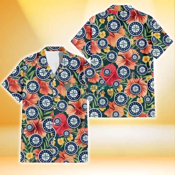 Seattle Mariners Orange Red Hibiscus Green Leaf Dark Background 3D Hawaiian Shirt Gift For Fans