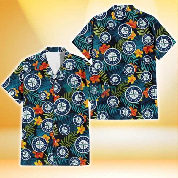 Seattle Mariners Orange Yellow Green Leaf Black Background 3D Hawaiian Shirt Gift For Fans