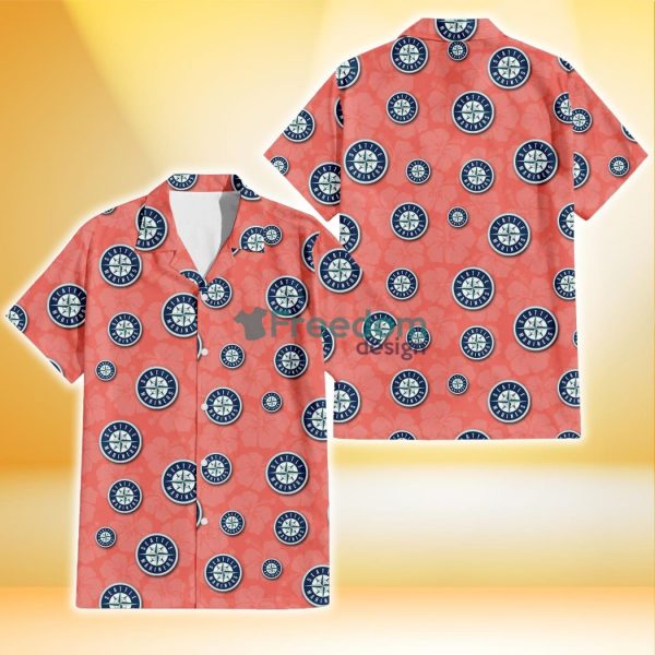 Seattle Mariners Peach Puff Hibiscus Tomato Orange Background 3D Hawaiian Shirt Gift For Fans