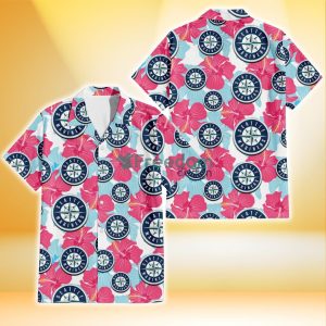 Seattle Mariners Pink Blue Hibiscus White Background 3D Hawaiian Shirt Gift For Fans