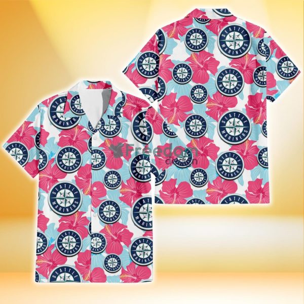 Seattle Mariners Pink Blue Hibiscus White Background 3D Hawaiian Shirt Gift For Fans