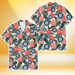 Seattle Mariners Pink Coral Hibiscus Banana Leaf Beige Background 3D Hawaiian Shirt Gift For Fans