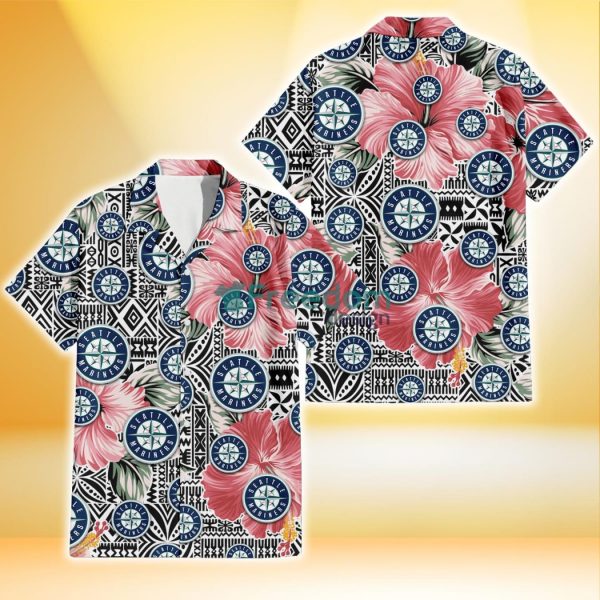Seattle Mariners Pink Hibiscus Black Pattern White Background 3D Hawaiian Shirt Gift For Fans