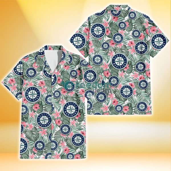 Seattle Mariners Pink Hibiscus Porcelain Flower Tropical Leaf White Background 3D Hawaiian Shirt Gift For Fans