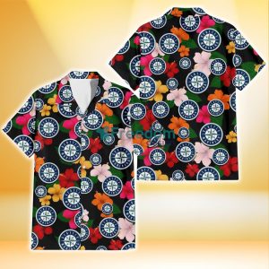 Seattle Mariners Pink Orange Yellow White Hibiscus Black Background 3D Hawaiian Shirt Gift For Fans