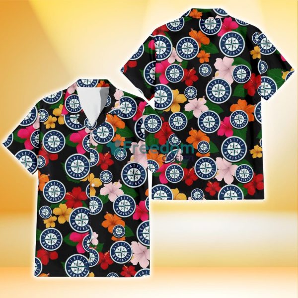 Seattle Mariners Pink Orange Yellow White Hibiscus Black Background 3D Hawaiian Shirt Gift For Fans