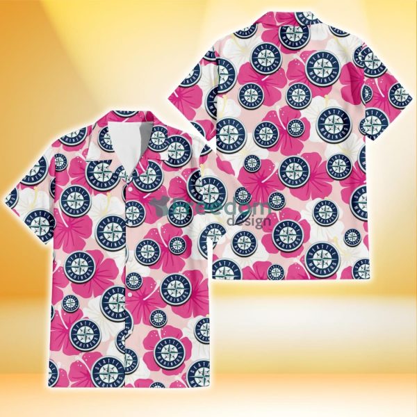 Seattle Mariners Pink White Hibiscus Misty Rose Background 3D Hawaiian Shirt Gift For Fans