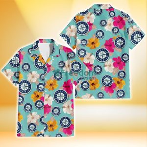 Seattle Mariners Pink Yellow White Hibiscus Turquoise Background 3D Hawaiian Shirt Gift For Fans
