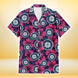 Seattle Mariners Plum Vilolet Hibiscus Dark Navy Leaf Black 3D Hawaiian Shirt Gift For Fans