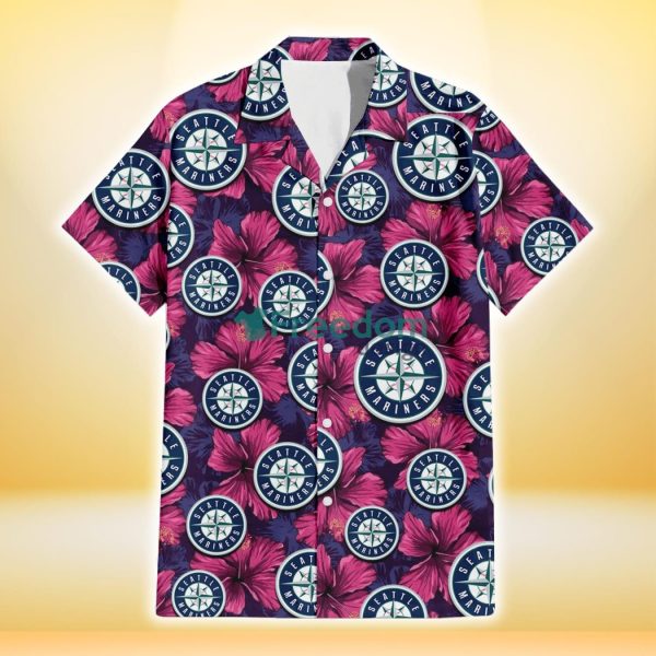 Seattle Mariners Plum Vilolet Hibiscus Dark Navy Leaf Black 3D Hawaiian Shirt Gift For Fans