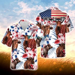 Shorthorn Cattle American Flag All Over Printed 3D Hawaiian Shirt For Men Women