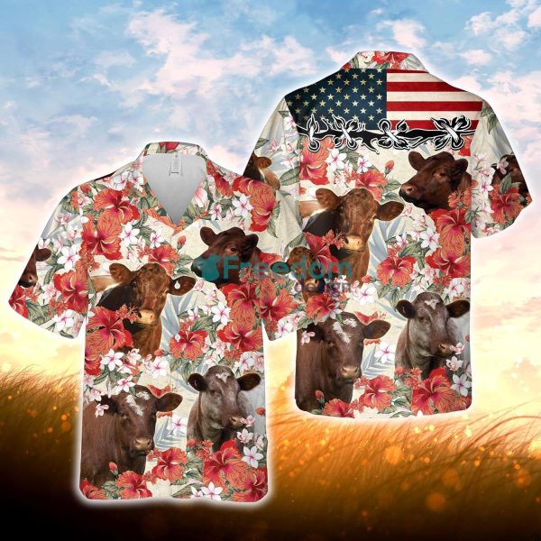 Shorthorn Hibicus Floral US Flag 3D Hawaiian Shirt For Men Women