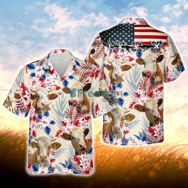 Simmental Pattern US Flag Hawaiian Shirt For Men Women