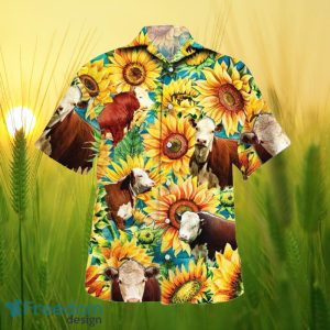Sunflower Hereford Cattle All Printed 3D Hawaiian Shirt For Men Women