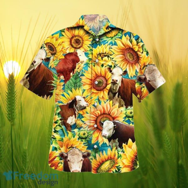 Sunflower Hereford Cattle All Printed 3D Hawaiian Shirt For Men Women