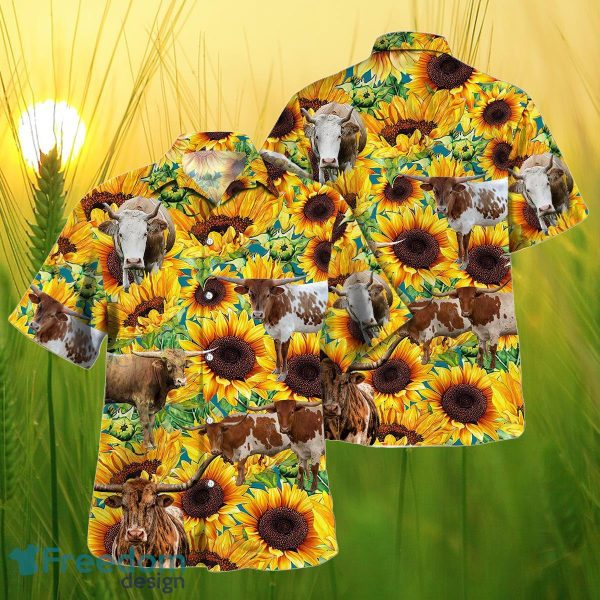 Sunflower TX Longhorn Cattle All Printed 3D Hawaiian Shirt For Men Women