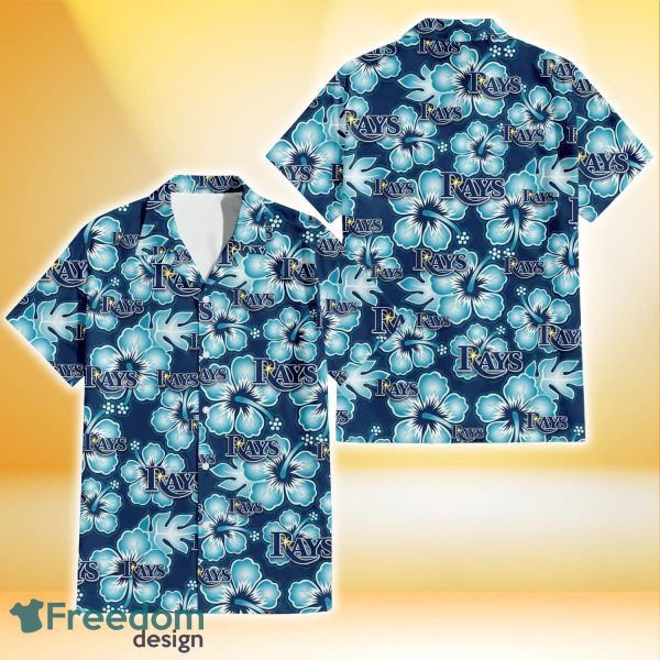 Tampa Bay Rays Dark Turquoise Hibiscus Navy Background 3D Hawaiian Shirt Gift For Fans