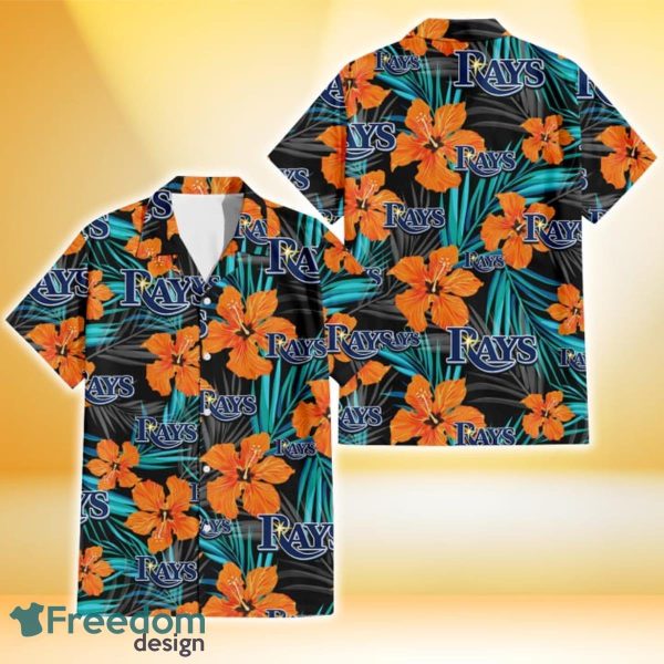 Tampa Bay Rays Orange Hibiscus Blue Gray Leaf Black Background 3D Hawaiian Shirt Gift For Fans