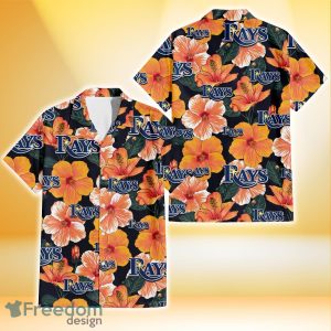 Tampa Bay Rays Orange Hibiscus Dark Green Leaf Black Background 3D Hawaiian Shirt Gift For Fans