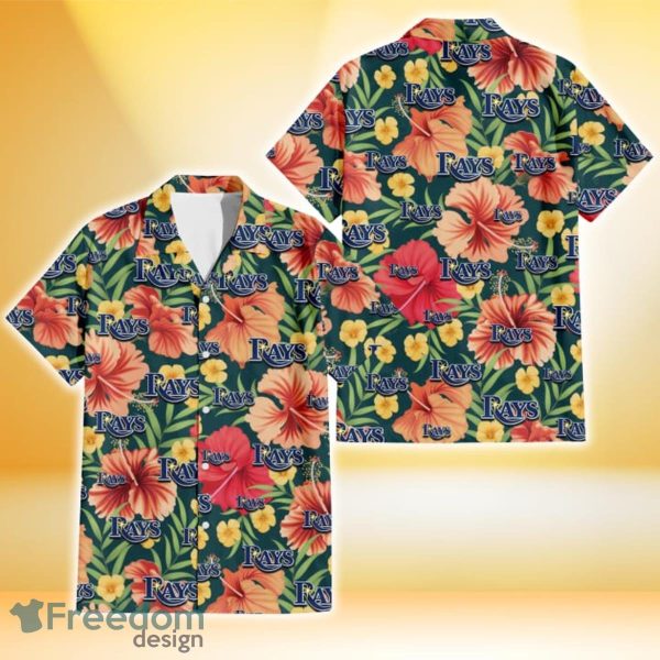 Tampa Bay Rays Orange Red Hibiscus Green Leaf Dark Background 3D Hawaiian Shirt Gift For Fans