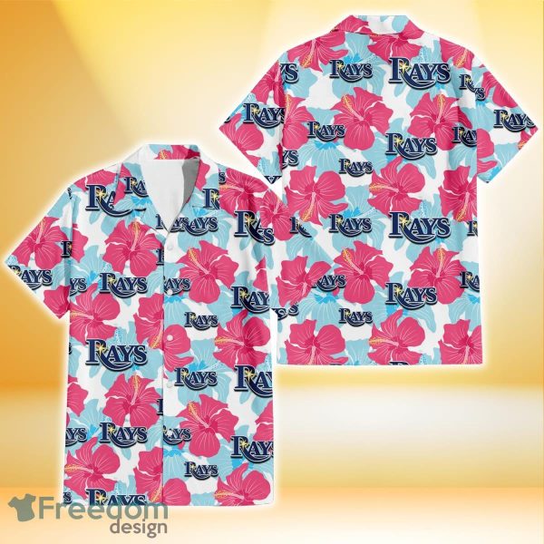 Tampa Bay Rays Pink Blue Hibiscus White Background 3D Hawaiian Shirt Gift For Fans