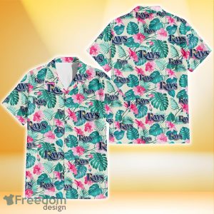 Tampa Bay Rays Pink Hibiscus Green Leaf Beige Background 3D Hawaiian Shirt Gift For Fans