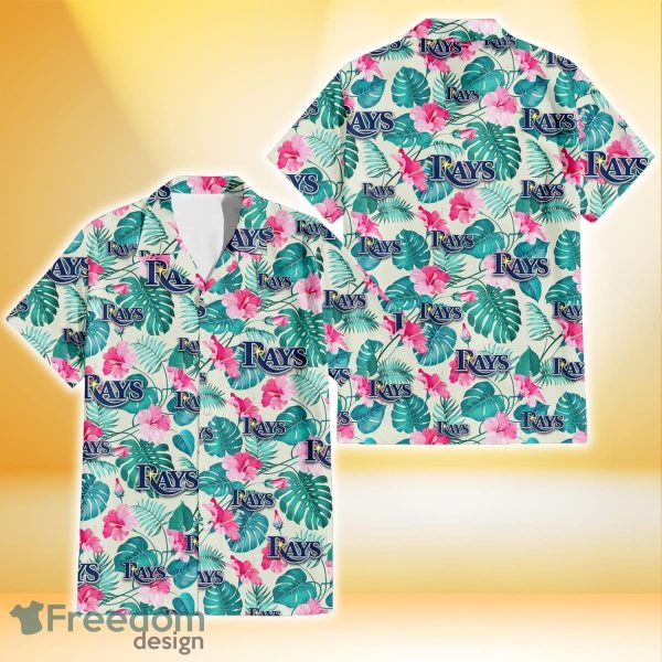 Tampa Bay Rays Pink Hibiscus Green Leaf Beige Background 3D Hawaiian Shirt Gift For Fans