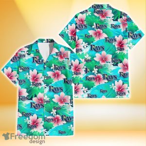 Tampa Bay Rays Pink Hibiscus Green Leaf Blue Background 3D Hawaiian Shirt Gift For Fans