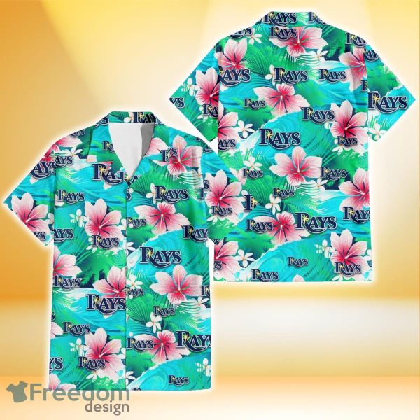 Tampa Bay Rays Pink Hibiscus Green Leaf Blue Background 3D Hawaiian Shirt Gift For Fans