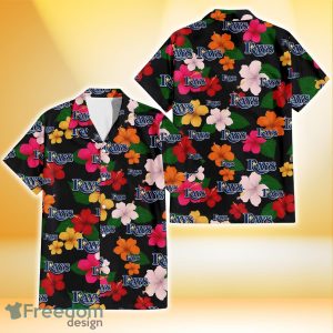 Tampa Bay Rays Pink Orange Yellow White Hibiscus Black Background 3D Hawaiian Shirt Gift For Fans