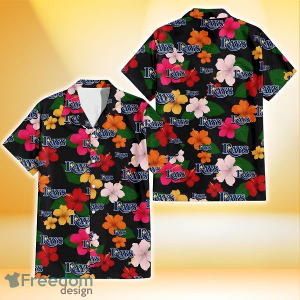 Tampa Bay Rays Pink Orange Yellow White Hibiscus Black Background 3D Hawaiian Shirt Gift For Fans