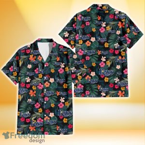 Tampa Bay Rays Pink Yellow Orange Hibiscus Big Tropical Leaf Black Background 3D Hawaiian Shirt Gift For Fans