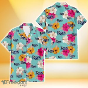 Tampa Bay Rays Pink Yellow White Hibiscus Turquoise Background 3D Hawaiian Shirt Gift For Fans