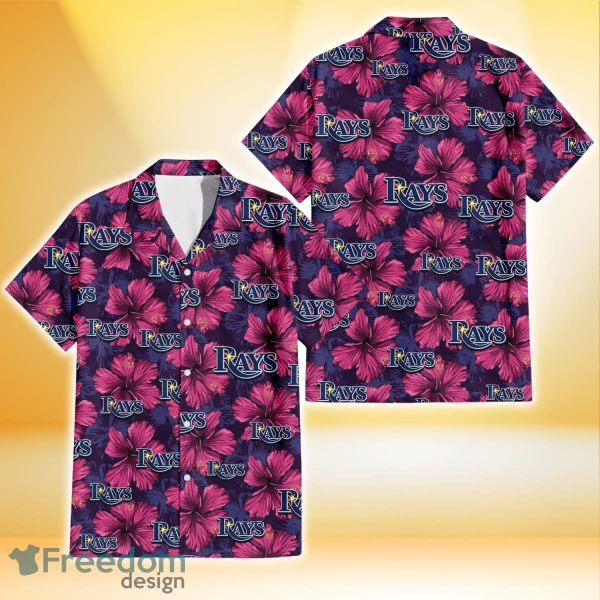 Tampa Bay Rays Plum Vilolet Hibiscus Dark Navy Leaf Black 3D Hawaiian Shirt Gift For Fans