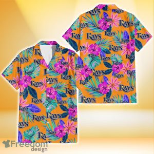 Tampa Bay Rays Purple Hibiscus Neon Leaf Orange Background 3D Hawaiian Shirt Gift For Fans
