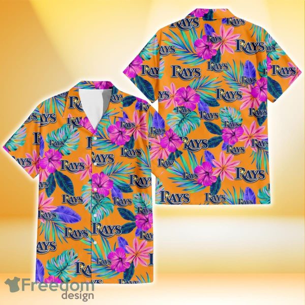 Tampa Bay Rays Purple Hibiscus Neon Leaf Orange Background 3D Hawaiian Shirt Gift For Fans
