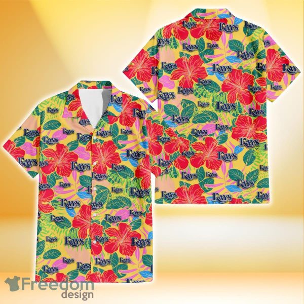 Tampa Bay Rays Red Hibiscus Green Blue Leaf Yellow Background 3D Hawaiian Shirt Gift For Fans